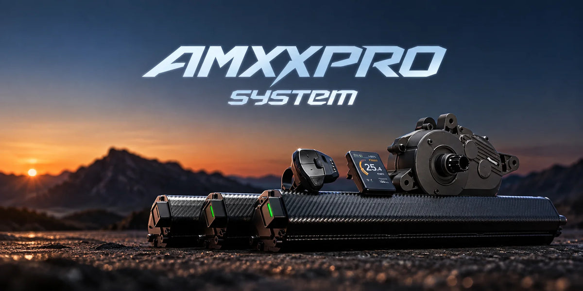 AMXPRO System product displayed outdoors on a rocky surface at sunset, with mountain silhouettes in the background and the AMXPRO SYSTEM logo overlaid at the top.
